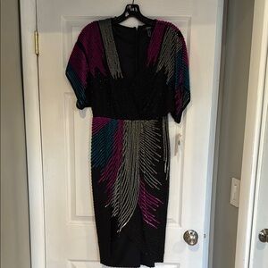 Aidan Mattox Black and Multi Color Midi Dress with V-Neck and Dolman Sleeves